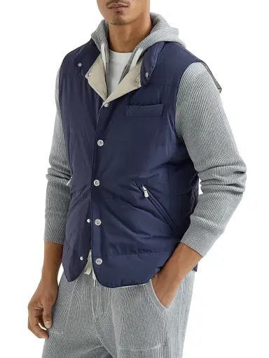 Brunello Cucinelli Men's Bonded Nylon Down Vest with Detachable Hood - Blue - Size Large | Thumbnail 2