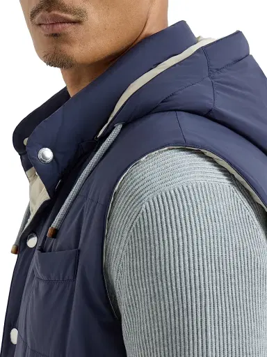 Brunello Cucinelli Men's Bonded Nylon Down Vest with Detachable Hood - Blue - Size Large | Thumbnail 4