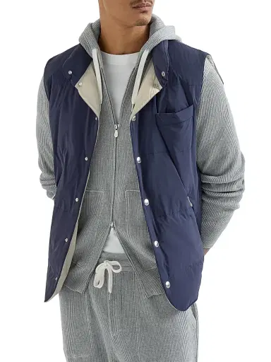 Brunello Cucinelli Men's Bonded Nylon Down Vest with Detachable Hood - Blue - Size Large | Thumbnail 5