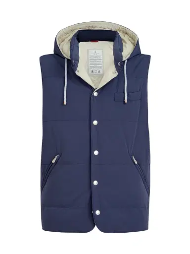Brunello Cucinelli Men's Bonded Nylon Down Vest with Detachable Hood - Blue - Size Large | Thumbnail 1