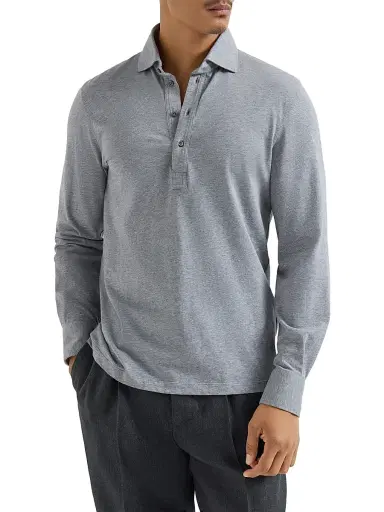 Brunello Cucinelli Men's Long-Sleeve Cotton Jersey Polo Shirt Grey | Thumbnail 2
