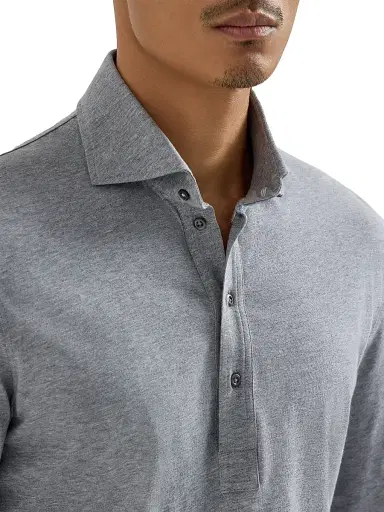 Brunello Cucinelli Men's Long-Sleeve Cotton Jersey Polo Shirt Grey | Thumbnail 4