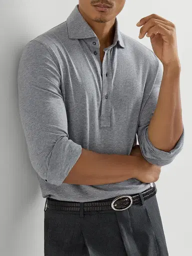 Brunello Cucinelli Men's Long-Sleeve Cotton Jersey Polo Shirt Grey | Thumbnail 5