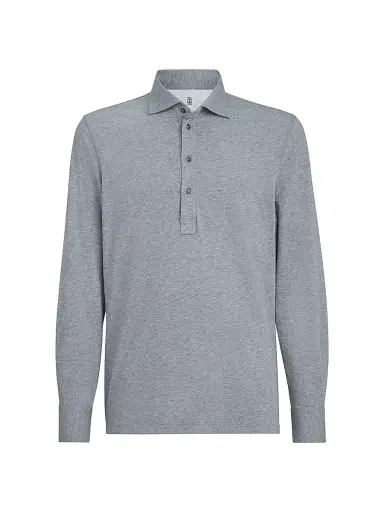 Brunello Cucinelli Men's Long-Sleeve Cotton Jersey Polo Shirt Grey | Thumbnail 1