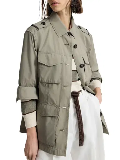 Brunello Cucinelli Women's Lightweight Techno Cotton Poplin Outerwear Jacket with Monili - Khaki - Size 0 | Thumbnail 5 Brunello Cucinelli Women's Lightweight Techno Cotton Poplin Outerwear Jacket with Monili - Khaki - Size 0 | Thumbnail 5