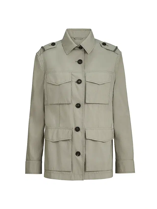 Brunello Cucinelli Women's Lightweight Techno Cotton Poplin Outerwear Jacket with Monili - Khaki