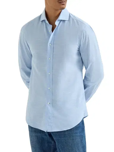 Brunello Cucinelli Men's Lightweight Oxford Slim Fit Shirt with Spread Collar - Azure | Thumbnail 2