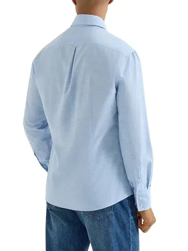 Brunello Cucinelli Men's Lightweight Oxford Slim Fit Shirt with Spread Collar - Azure | Thumbnail 3