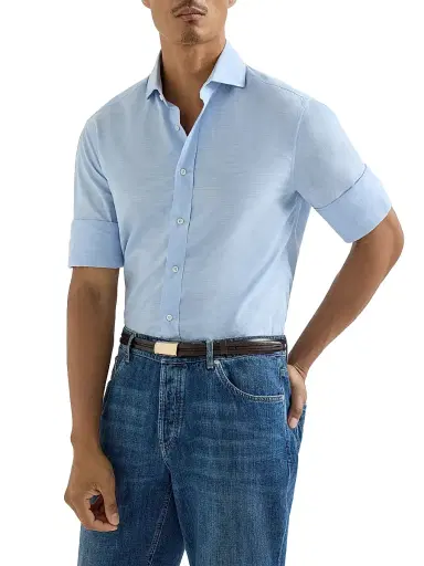Brunello Cucinelli Men's Lightweight Oxford Slim Fit Shirt with Spread Collar - Azure | Thumbnail 4