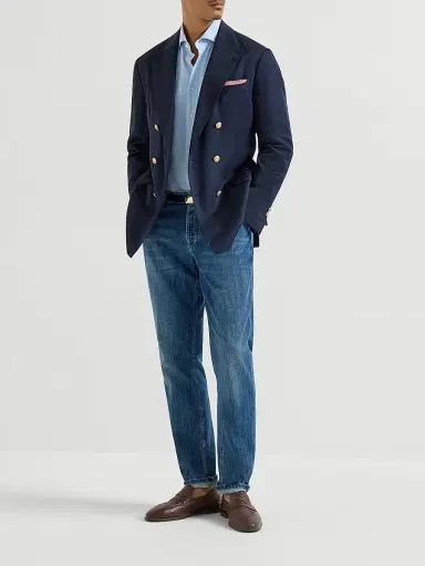 Brunello Cucinelli Men's Lightweight Oxford Slim Fit Shirt with Spread Collar - Azure | Thumbnail 6