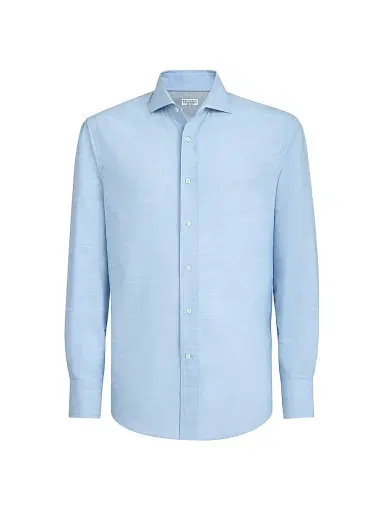 Brunello Cucinelli Men's Lightweight Oxford Slim Fit Shirt with Spread Collar - Azure | Thumbnail 1