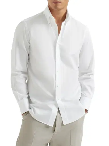 Brunello Cucinelli Men's Twill Basic Fit Shirt with Button Down Collar - White - Size XXL | Thumbnail 2 Brunello Cucinelli Men's Twill Basic Fit Shirt with Button Down Collar - White - Size XXL | Thumbnail 2