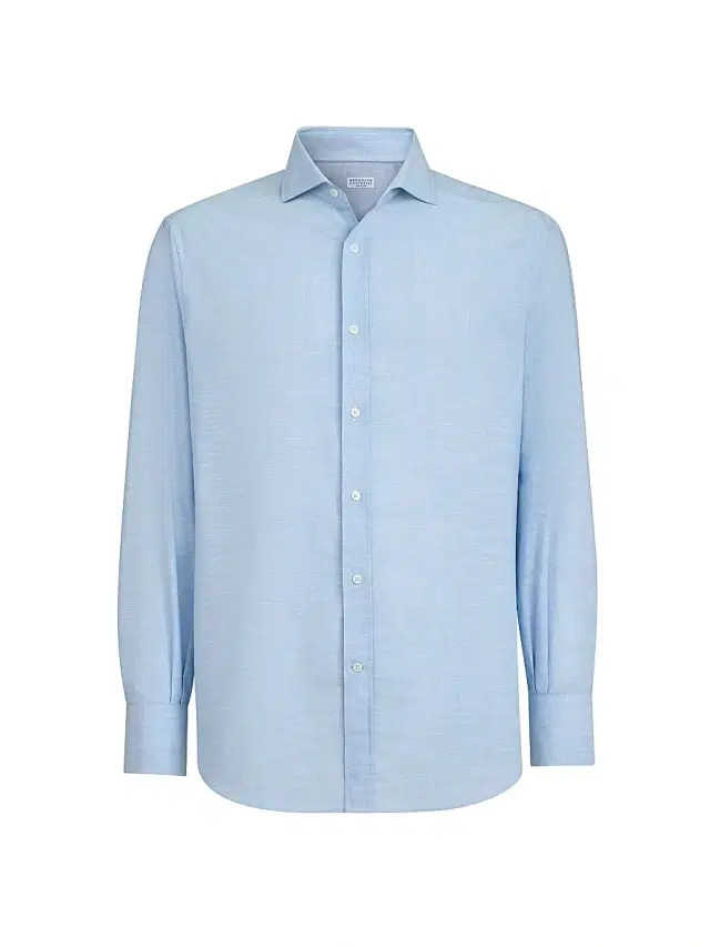 Brunello Cucinelli Men's Lightweight Oxford Basic Fit Shirt with Spread Collar - Azure