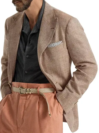 Brunello Cucinelli Men's Virgin Wool, Silk and Linen Chevron Deconstructed Blazer - Apricot - Size 48 | Thumbnail 5 Brunello Cucinelli Men's Virgin Wool, Silk and Linen Chevron Deconstructed Blazer - Apricot - Size 48 | Thumbnail 5