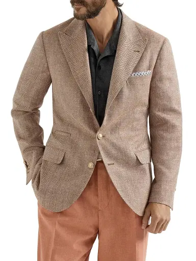 Brunello Cucinelli Men's Virgin Wool, Silk and Linen Chevron Deconstructed Blazer - Apricot - Size 48 | Thumbnail 1 Brunello Cucinelli Men's Virgin Wool, Silk and Linen Chevron Deconstructed Blazer - Apricot - Size 48 | Thumbnail 1