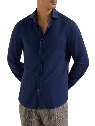 Brunello Cucinelli Men's Cotton Piqué Shirt with Spread Collar - Navy Blue | Thumbnail 2 Brunello Cucinelli Men's Cotton Piqué Shirt with Spread Collar - Navy Blue | Thumbnail 2
