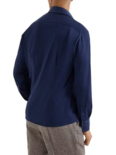 Brunello Cucinelli Men's Cotton Piqué Shirt with Spread Collar - Navy Blue | Thumbnail 3 Brunello Cucinelli Men's Cotton Piqué Shirt with Spread Collar - Navy Blue | Thumbnail 3