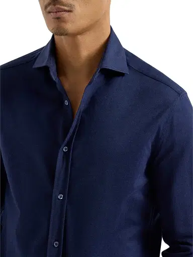 Brunello Cucinelli Men's Cotton Piqué Shirt with Spread Collar - Navy Blue | Thumbnail 4 Brunello Cucinelli Men's Cotton Piqué Shirt with Spread Collar - Navy Blue | Thumbnail 4