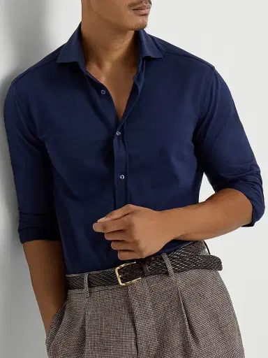Brunello Cucinelli Men's Cotton Piqué Shirt with Spread Collar - Navy Blue | Thumbnail 5 Brunello Cucinelli Men's Cotton Piqué Shirt with Spread Collar - Navy Blue | Thumbnail 5