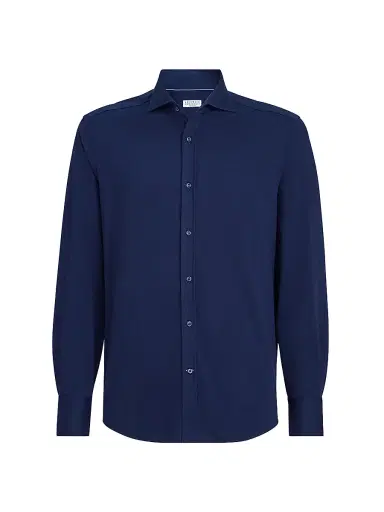 Brunello Cucinelli Men's Cotton Piqué Shirt with Spread Collar - Navy Blue | Thumbnail 1 Brunello Cucinelli Men's Cotton Piqué Shirt with Spread Collar - Navy Blue | Thumbnail 1