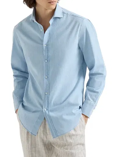 Brunello Cucinelli Men's Denim Effect Chambray Basic Fit Shirt | Thumbnail 2