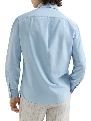Brunello Cucinelli Men's Denim Effect Chambray Basic Fit Shirt | Thumbnail 3