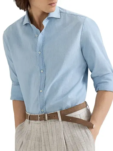 Brunello Cucinelli Men's Denim Effect Chambray Basic Fit Shirt | Thumbnail 5