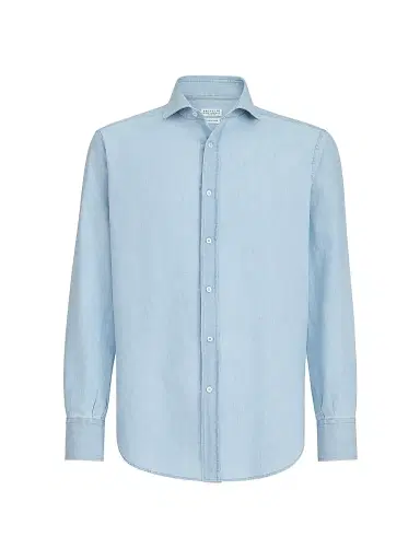 Brunello Cucinelli Men's Denim Effect Chambray Basic Fit Shirt | Thumbnail 1