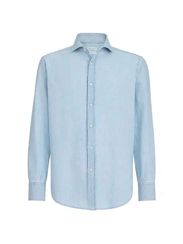 Men's Denim Effect Chambray Basic Fit Shirt - Medium Denim