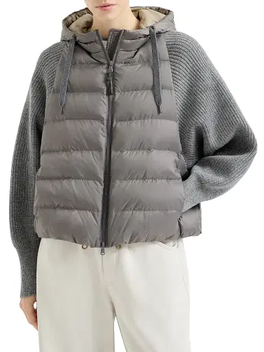 Brunello Cucinelli Women's Nylon Hooded Down Jacket with Monili - Grey | Thumbnail 2