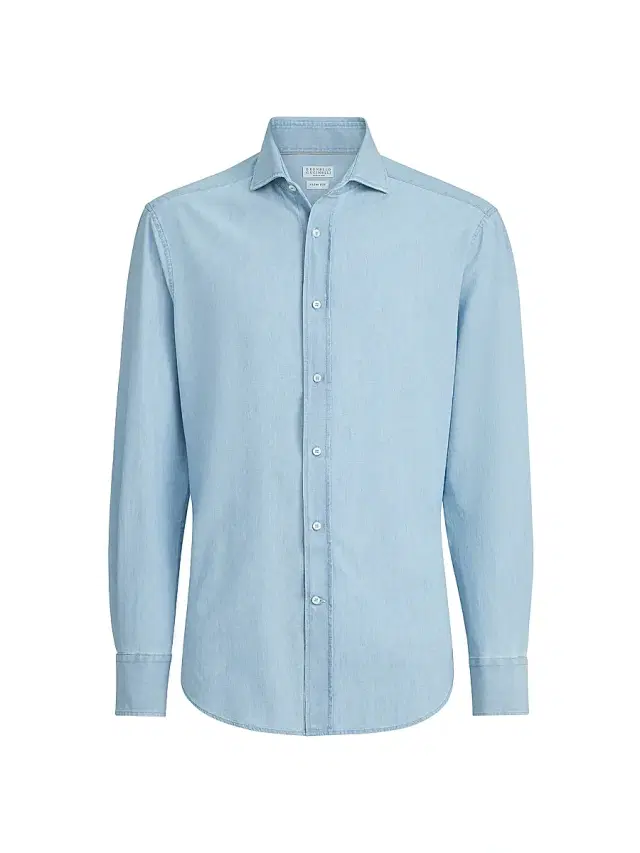 Brunello Cucinelli Men's Denim Effect Chambray Slim Fit Shirt with Spread Collar - Medium Denim