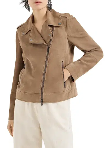 Brunello Cucinelli Women's Suede Biker Jacket with Monili - Hazelnut | Thumbnail 2 Brunello Cucinelli Women's Suede Biker Jacket with Monili - Hazelnut | Thumbnail 2