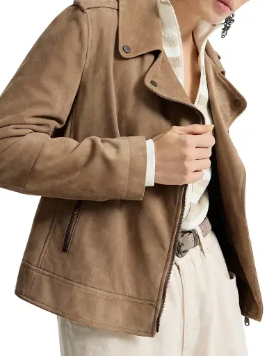 Brunello Cucinelli Women's Suede Biker Jacket with Monili - Hazelnut | Thumbnail 4 Brunello Cucinelli Women's Suede Biker Jacket with Monili - Hazelnut | Thumbnail 4