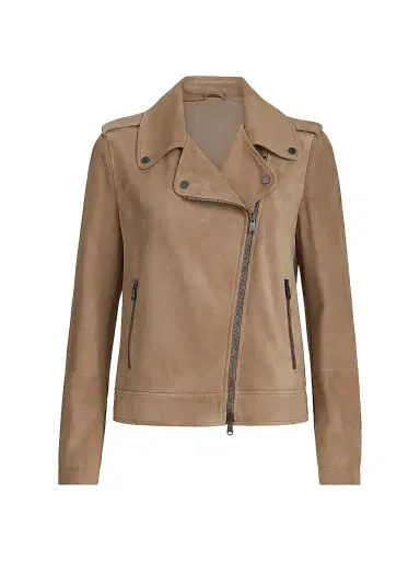 Brunello Cucinelli Women's Suede Biker Jacket with Monili - Hazelnut | Thumbnail 1 Brunello Cucinelli Women's Suede Biker Jacket with Monili - Hazelnut | Thumbnail 1