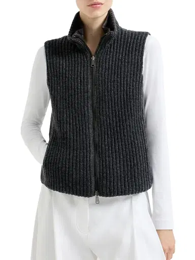 Brunello Cucinelli Women's Cashmere Feather Yarn Reversible Knit Down Vest with Monili - Lignite | Thumbnail 2