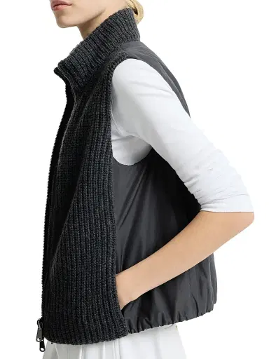 Brunello Cucinelli Women's Cashmere Feather Yarn Reversible Knit Down Vest with Monili - Lignite | Thumbnail 5