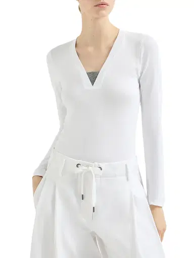 Brunello Cucinelli Women's Stretch Cotton Ribbed Jersey Top with Precious Insert - White - Size Small | Thumbnail 2