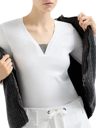 Brunello Cucinelli Women's Stretch Cotton Ribbed Jersey Top with Precious Insert - White - Size Small | Thumbnail 4