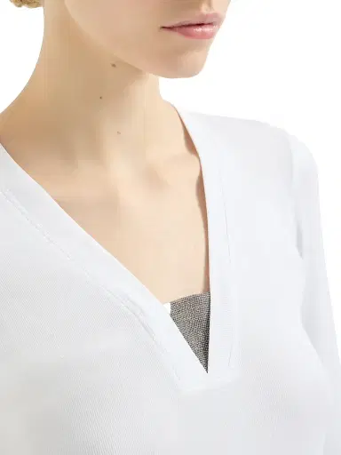 Brunello Cucinelli Women's Stretch Cotton Ribbed Jersey Top with Precious Insert - White - Size Small | Thumbnail 5