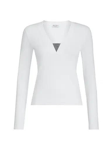 Brunello Cucinelli Women's Stretch Cotton Ribbed Jersey Top with Precious Insert - White - Size Small | Thumbnail 1