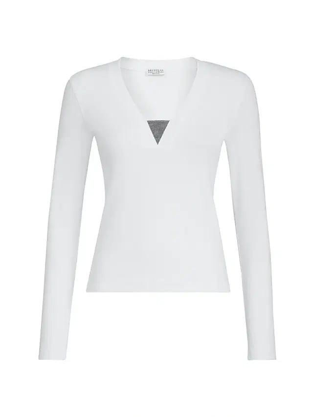 Brunello Cucinelli Women's Stretch Cotton Ribbed Jersey Top with Precious Insert - White