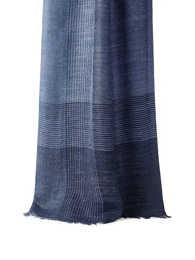 Men's Silk and Linen Chevron Scarf with Stripes - Denim