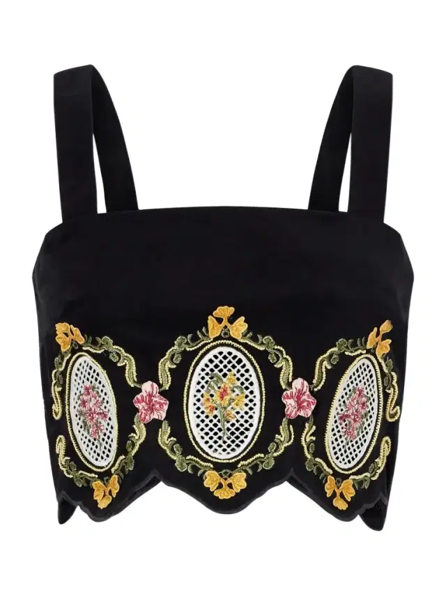 Luciana Cordillera Scalloped Embroidered Cotton-blend Velvet Top
