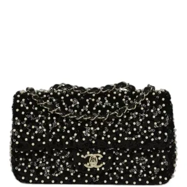 Chanel Chanel Small Pearl Beaded Flap Bag Black and White Sequins Light Gold Hardware | Thumbnail 1 Chanel Chanel Small Pearl Beaded Flap Bag Black and White Sequins Light Gold Hardware | Thumbnail 1