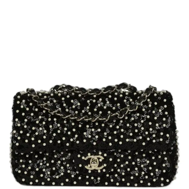 Chanel Small Pearl Beaded Flap Bag Black and White Sequins Light Gold Hardware Chanel Small Pearl Beaded Flap Bag Black and White Sequins Light Gold Hardware