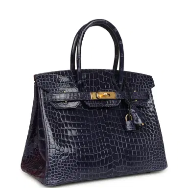 HERMÈS Pre-owned Hermes Birkin 30 Bleu Encre Shiny Porosus Crocodile Gold Hardware | Thumbnail 2