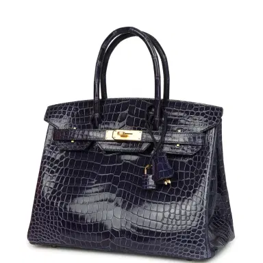 HERMÈS Pre-owned Hermes Birkin 30 Bleu Encre Shiny Porosus Crocodile Gold Hardware | Thumbnail 3