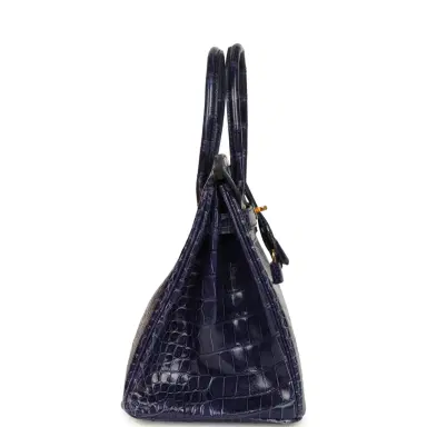 HERMÈS Pre-owned Hermes Birkin 30 Bleu Encre Shiny Porosus Crocodile Gold Hardware | Thumbnail 4