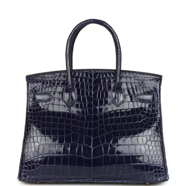 HERMÈS Pre-owned Hermes Birkin 30 Bleu Encre Shiny Porosus Crocodile Gold Hardware | Thumbnail 5