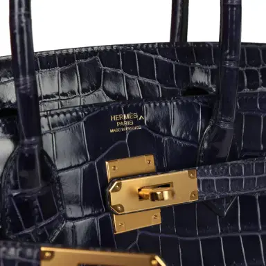 HERMÈS Pre-owned Hermes Birkin 30 Bleu Encre Shiny Porosus Crocodile Gold Hardware | Thumbnail 7